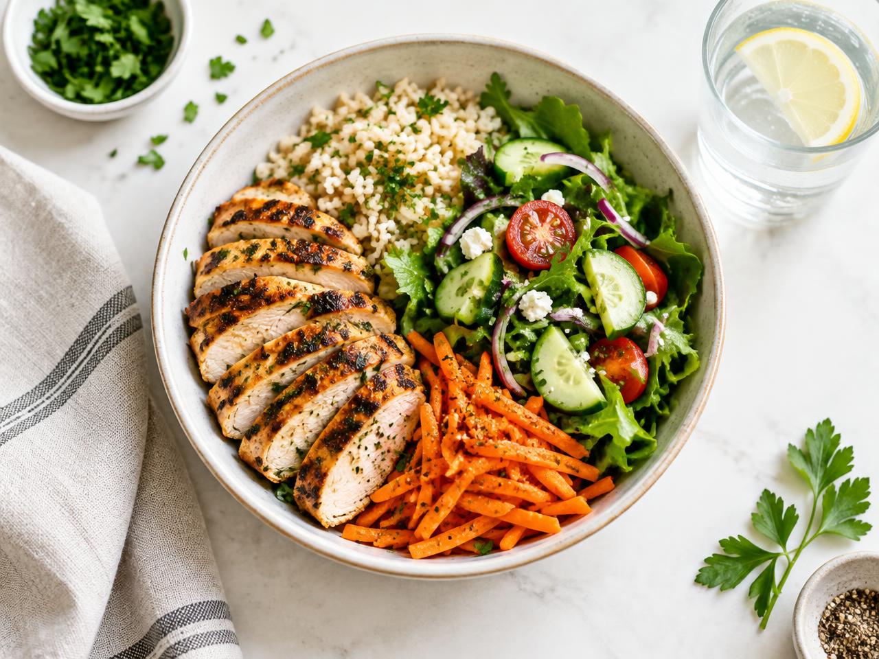 Prato com frango grelhado, arroz, salada e cenoura sobre uma mesa clara